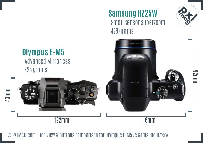 Olympus E-M5 vs Samsung HZ25W top view buttons comparison