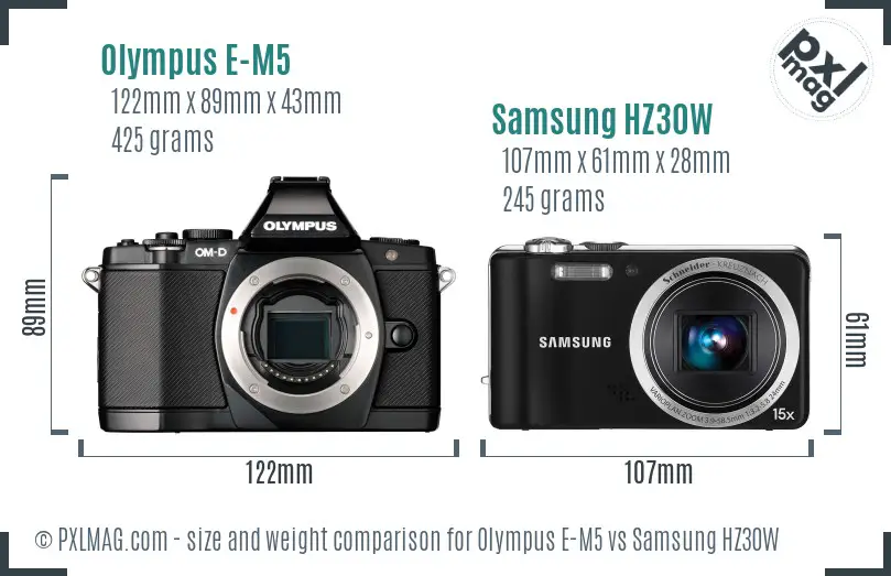 Olympus E-M5 vs Samsung HZ30W size comparison