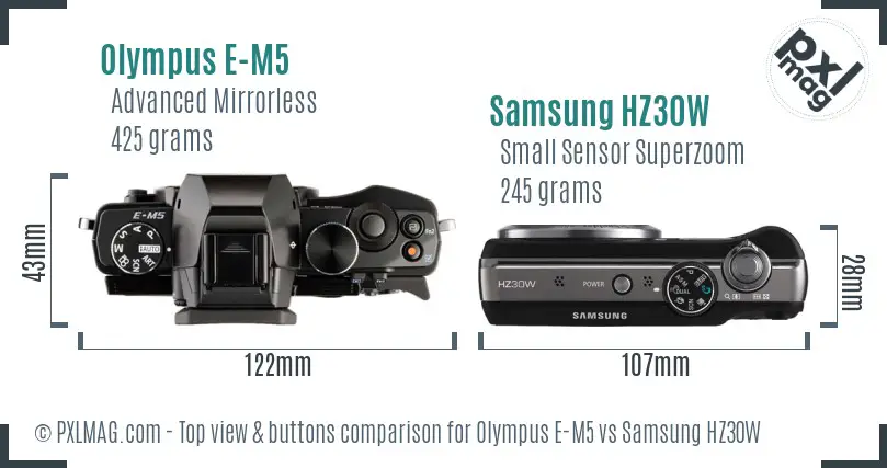 Olympus E-M5 vs Samsung HZ30W top view buttons comparison