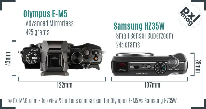 Olympus E-M5 vs Samsung HZ35W top view buttons comparison Olympus E-M5 vs Samsung HZ35W top view buttons comparison