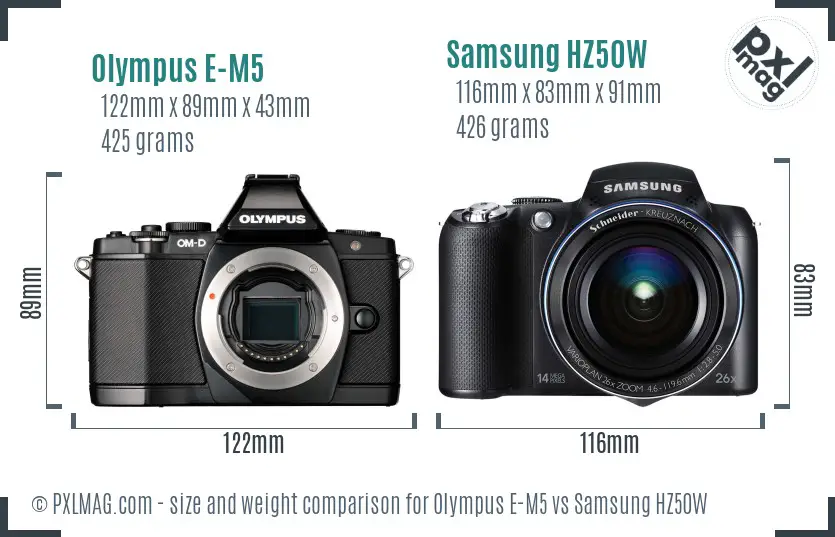 Olympus E-M5 vs Samsung HZ50W size comparison Olympus E-M5 vs Samsung HZ50W size comparison