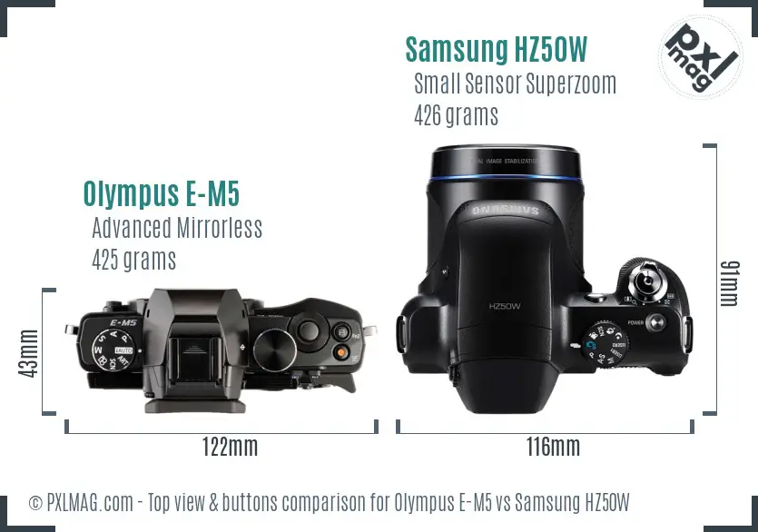 Olympus E-M5 vs Samsung HZ50W top view buttons comparison Olympus E-M5 vs Samsung HZ50W top view buttons comparison