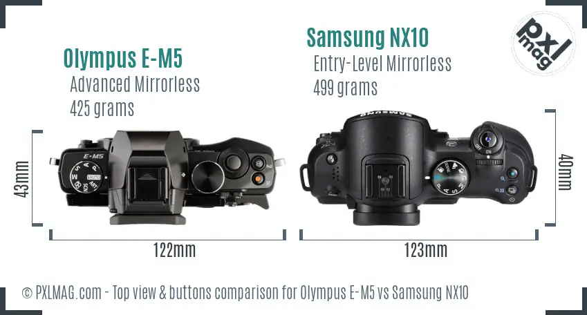 Olympus E-M5 vs Samsung NX10 top view buttons comparison