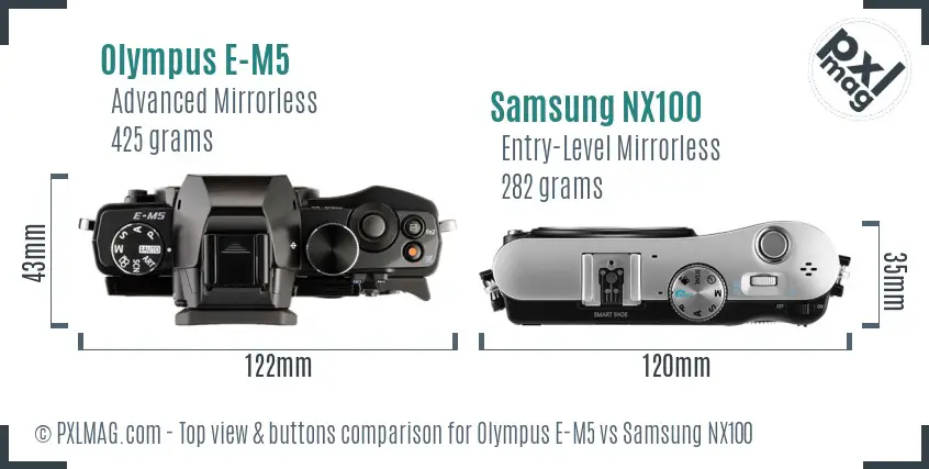 Olympus E-M5 vs Samsung NX100 top view buttons comparison