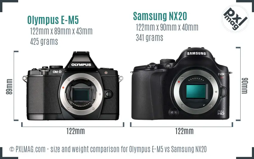 Olympus E-M5 vs Samsung NX20 size comparison