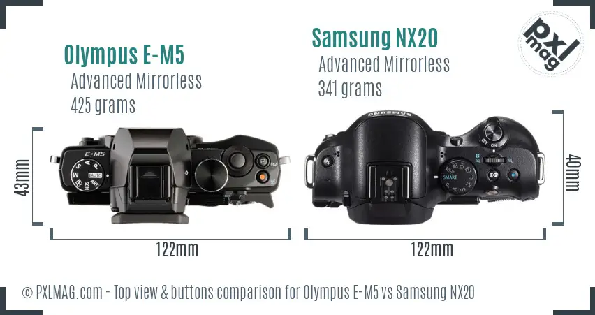 Olympus E-M5 vs Samsung NX20 top view buttons comparison