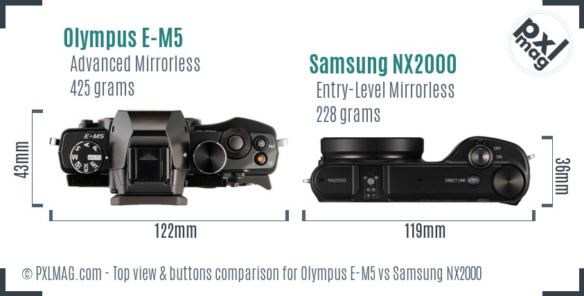 Olympus E-M5 vs Samsung NX2000 top view buttons comparison