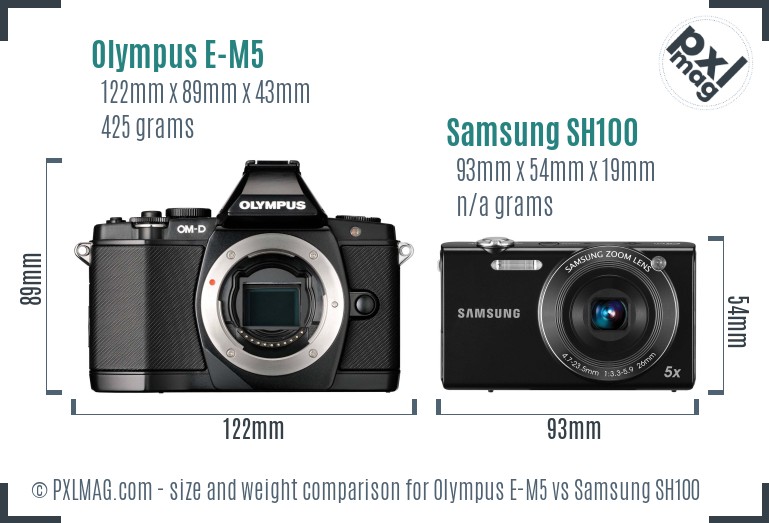 Olympus E-M5 vs Samsung SH100 size comparison