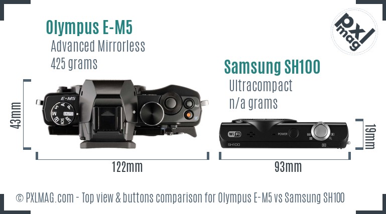 Olympus E-M5 vs Samsung SH100 top view buttons comparison
