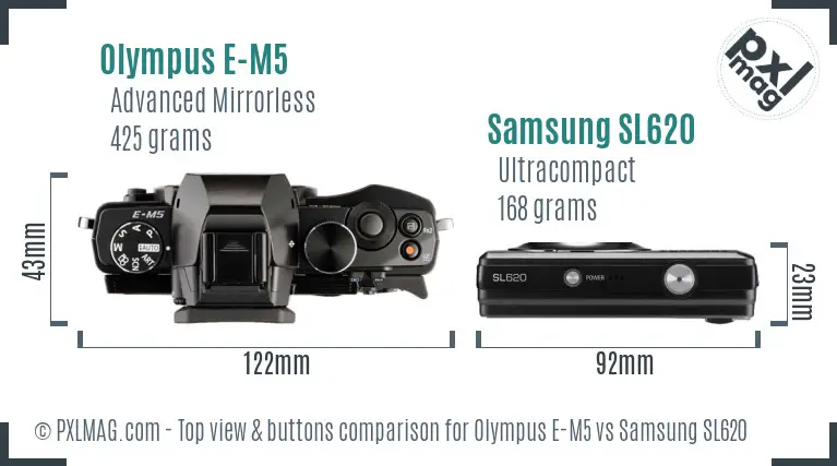 Olympus E-M5 vs Samsung SL620 top view buttons comparison Olympus E-M5 vs Samsung SL620 top view buttons comparison