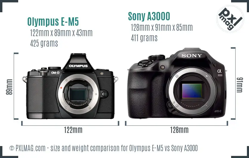 Olympus E-M5 vs Sony A3000 size comparison