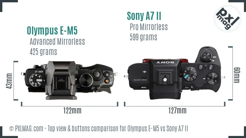 Olympus E-M5 vs Sony A7 II top view buttons comparison