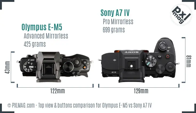 Olympus E-M5 vs Sony A7 IV top view buttons comparison Olympus E-M5 vs Sony A7 IV top view buttons comparison