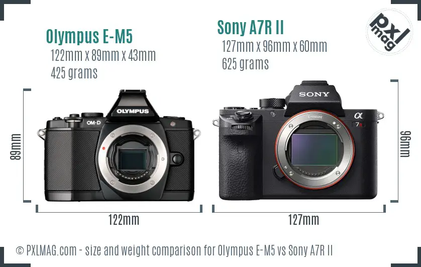 Olympus E-M5 vs Sony A7R II size comparison