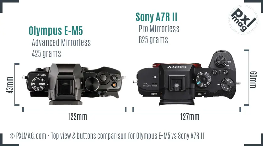 Olympus E-M5 vs Sony A7R II top view buttons comparison