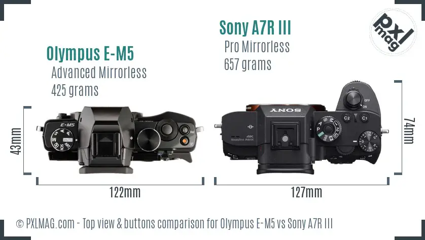 Olympus E-M5 vs Sony A7R III top view buttons comparison