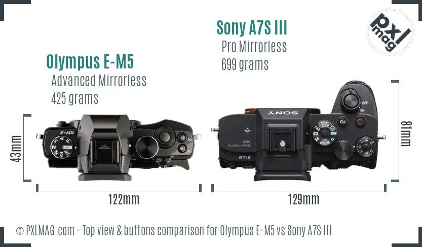 Olympus E-M5 vs Sony A7S III top view buttons comparison