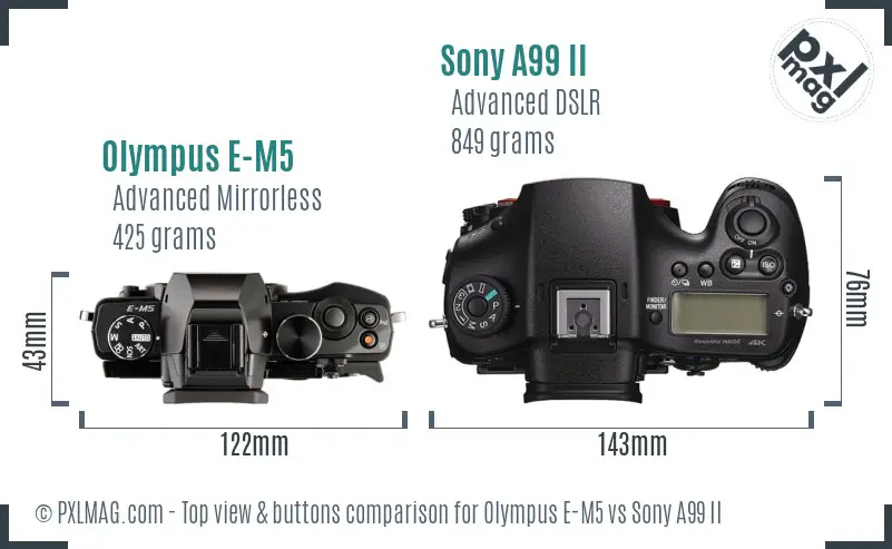 Olympus E-M5 vs Sony A99 II top view buttons comparison