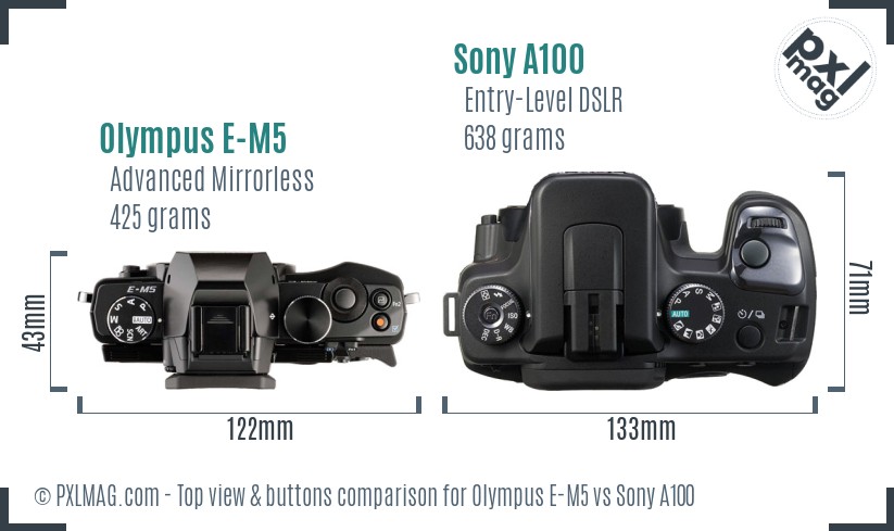 Olympus E-M5 vs Sony A100 top view buttons comparison