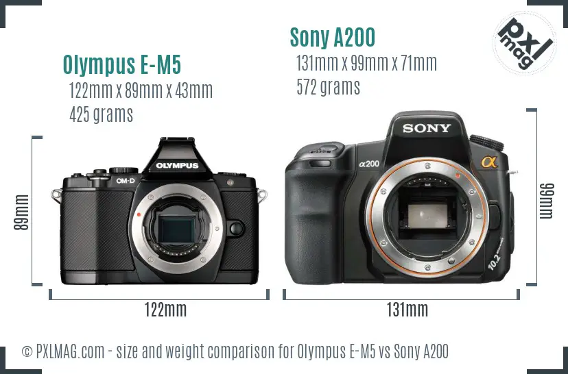 Olympus E-M5 vs Sony A200 size comparison