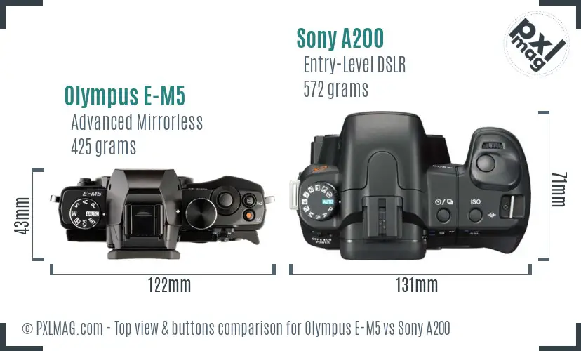 Olympus E-M5 vs Sony A200 top view buttons comparison