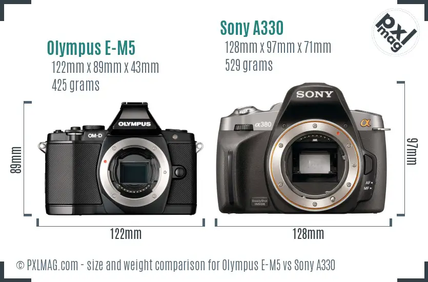 Olympus E-M5 vs Sony A330 size comparison