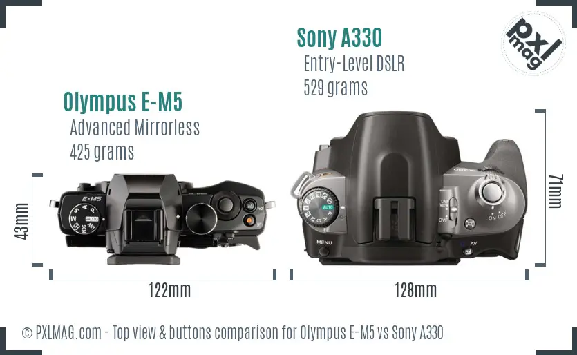 Olympus E-M5 vs Sony A330 top view buttons comparison