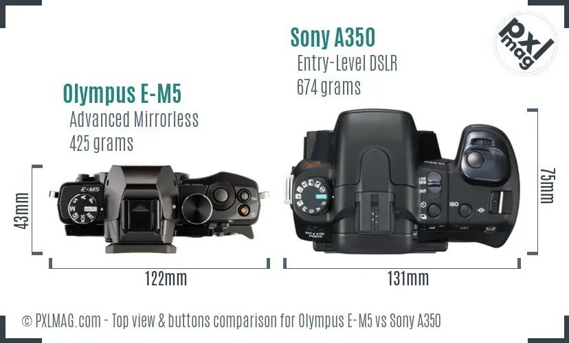 Olympus E-M5 vs Sony A350 top view buttons comparison