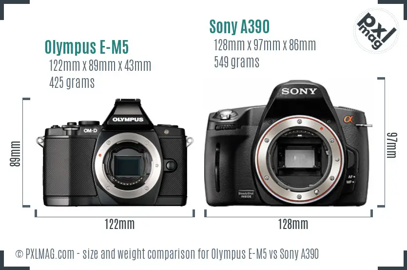 Olympus E-M5 vs Sony A390 size comparison