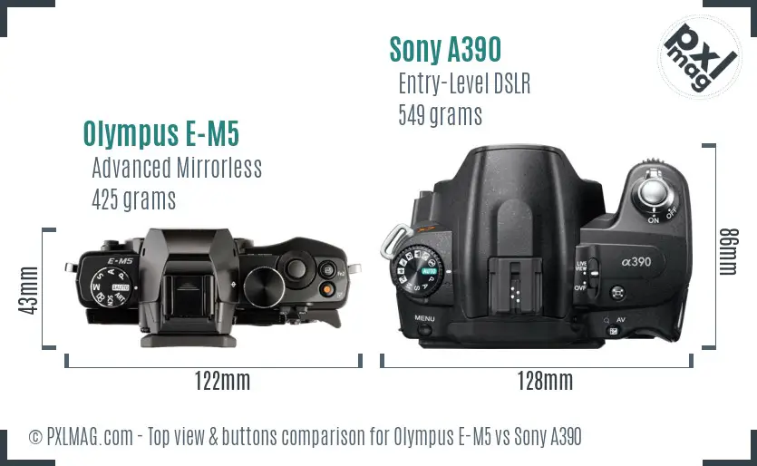 Olympus E-M5 vs Sony A390 top view buttons comparison