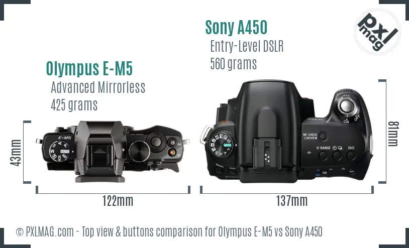 Olympus E-M5 vs Sony A450 top view buttons comparison