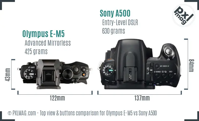 Olympus E-M5 vs Sony A500 top view buttons comparison