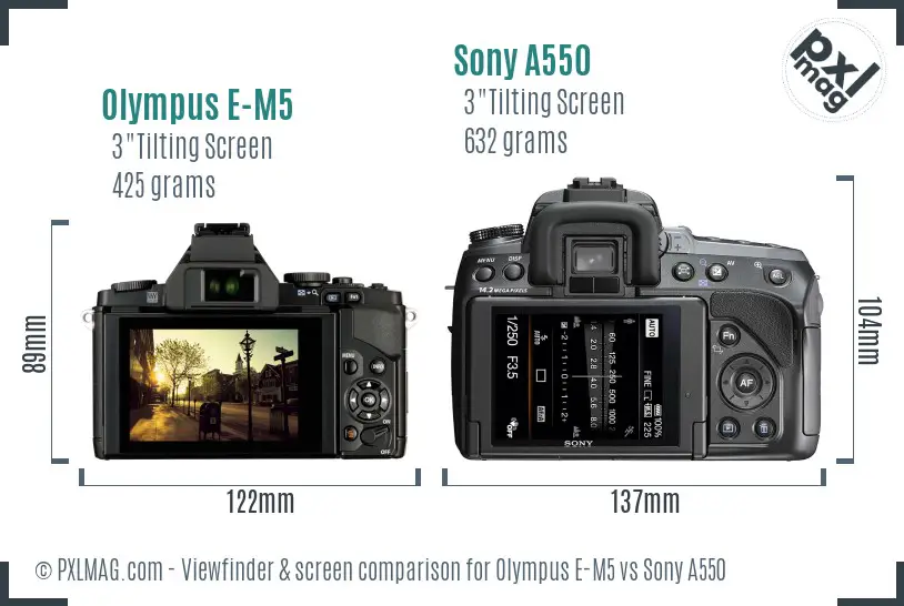 Olympus E-M5 vs Sony A550 Screen and Viewfinder comparison