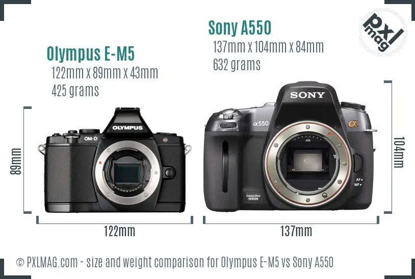 Olympus E-M5 vs Sony A550 size comparison