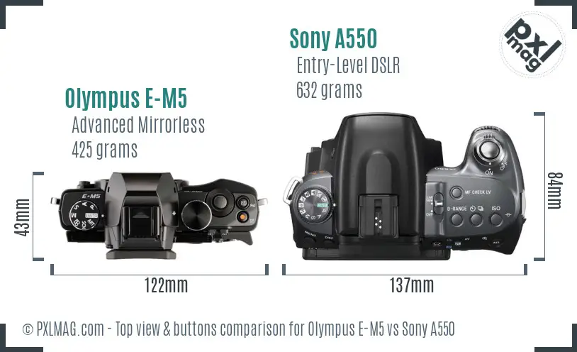 Olympus E-M5 vs Sony A550 top view buttons comparison