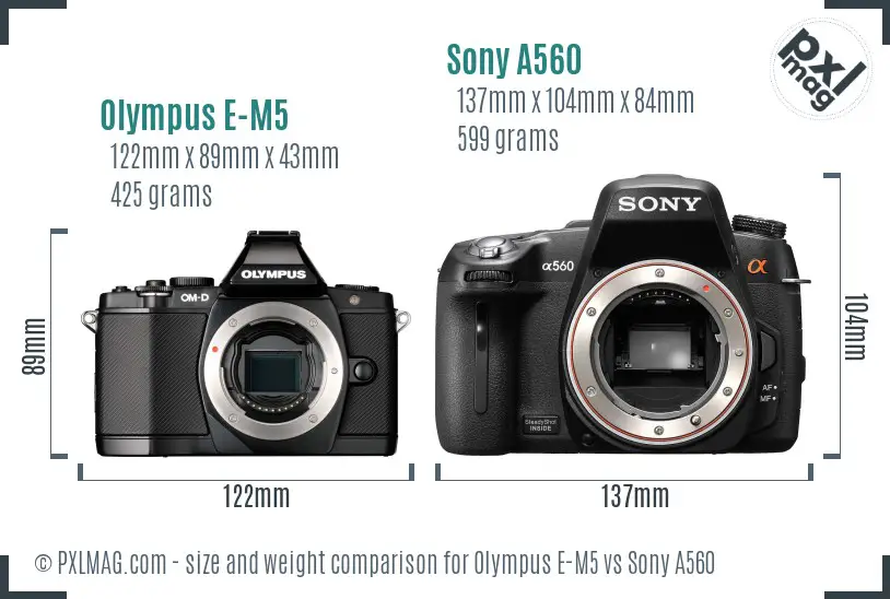 Olympus E-M5 vs Sony A560 size comparison