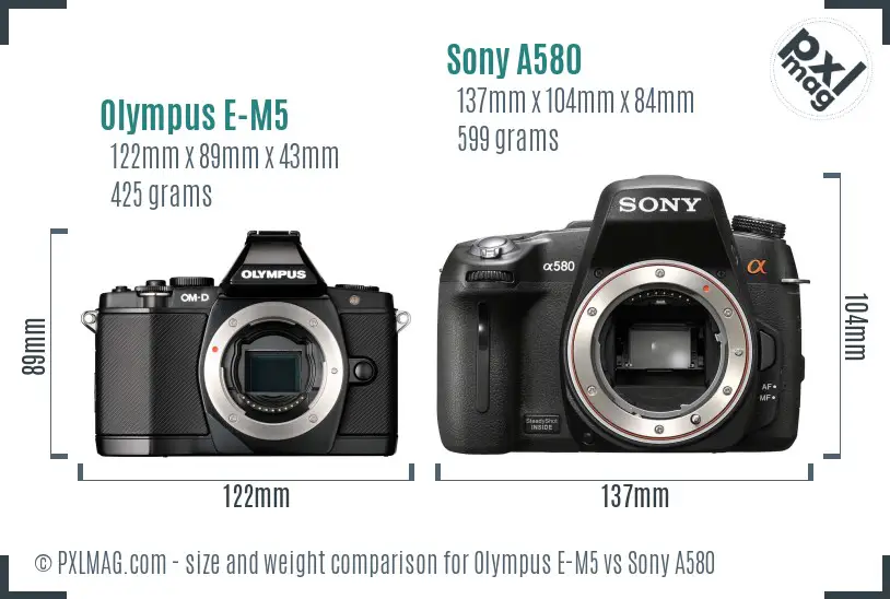 Olympus E-M5 vs Sony A580 size comparison