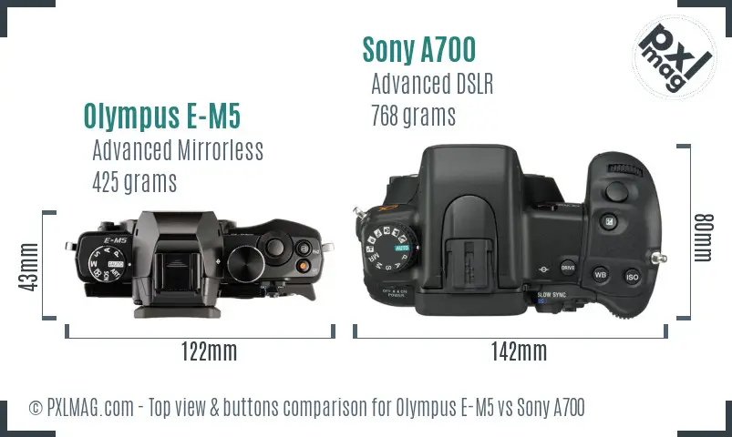 Olympus E-M5 vs Sony A700 top view buttons comparison