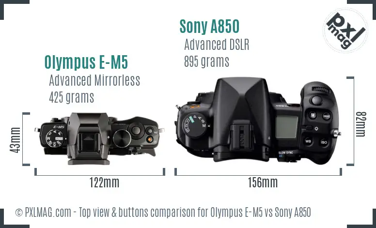 Olympus E-M5 vs Sony A850 top view buttons comparison