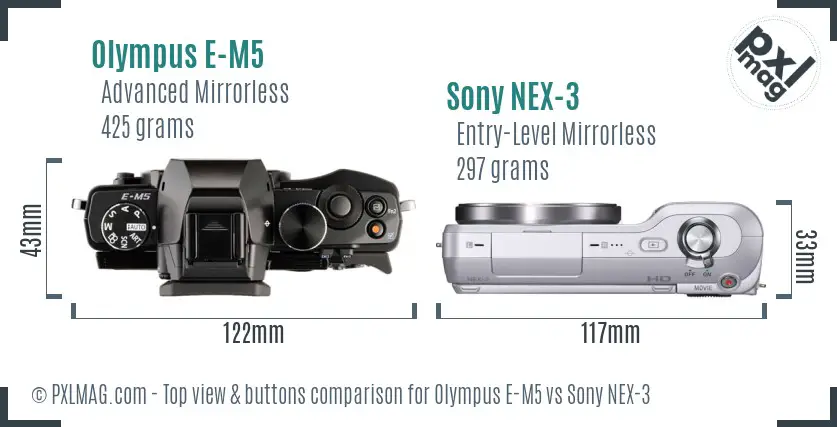 Olympus E-M5 vs Sony NEX-3 top view buttons comparison