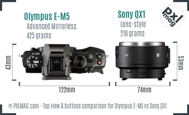 Olympus E-M5 vs Sony QX1 top view buttons comparison
