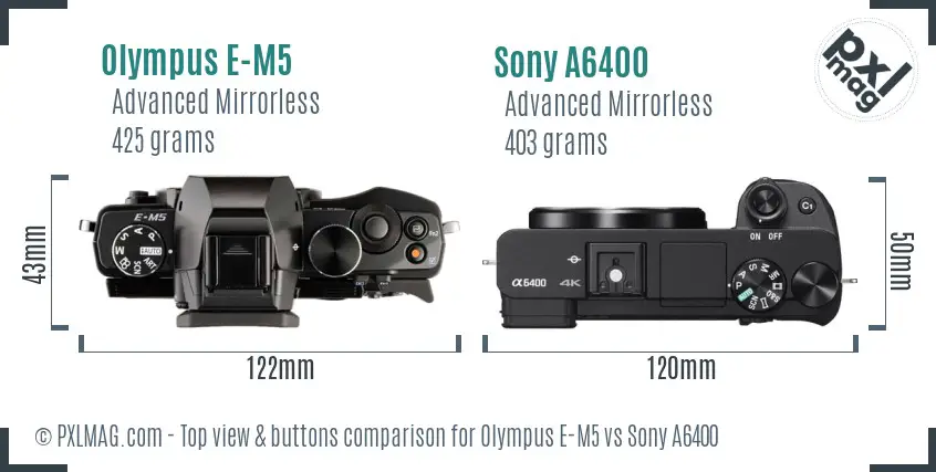 Olympus E-M5 vs Sony A6400 top view buttons comparison