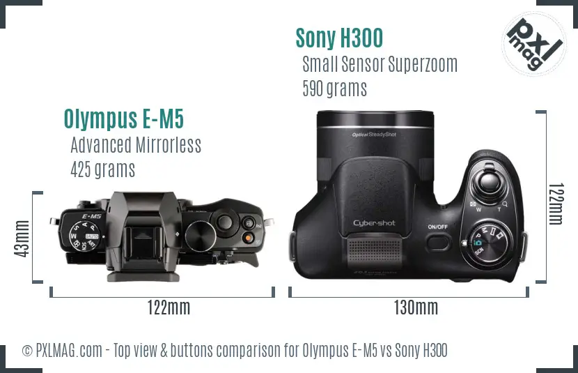 Olympus E-M5 vs Sony H300 top view buttons comparison