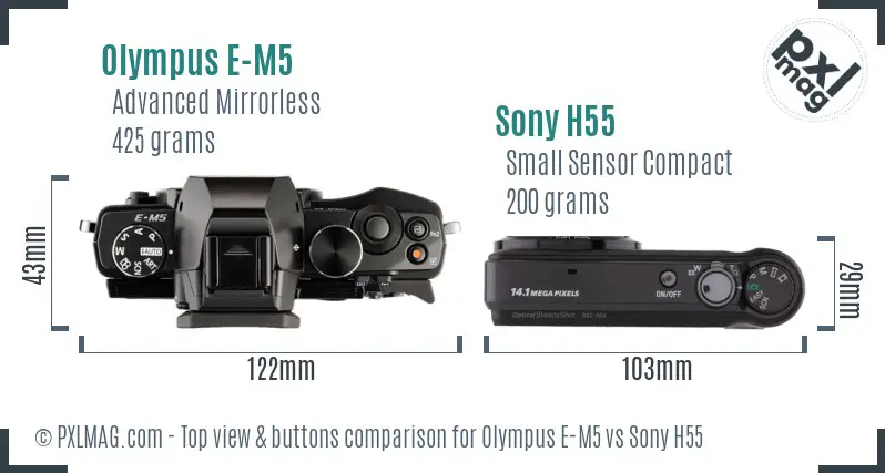Olympus E-M5 vs Sony H55 top view buttons comparison