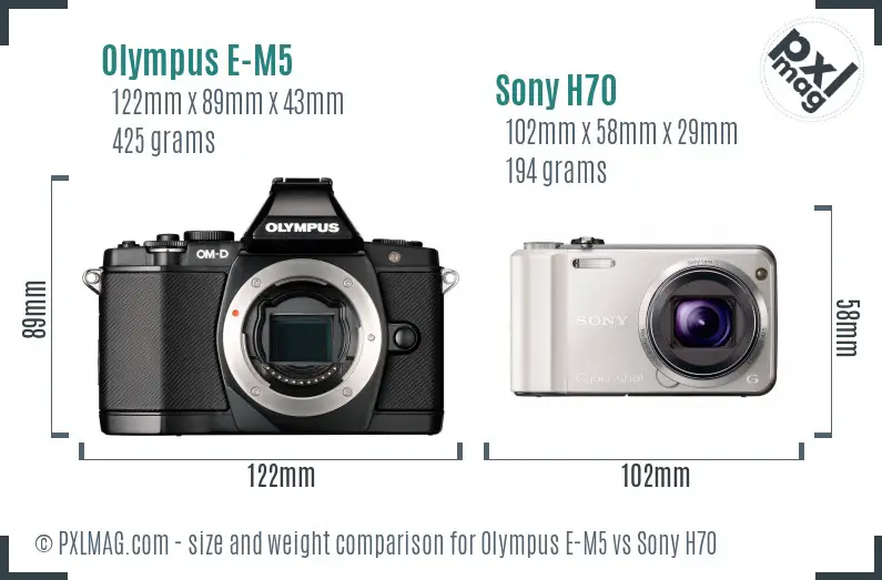 Olympus E-M5 vs Sony H70 size comparison