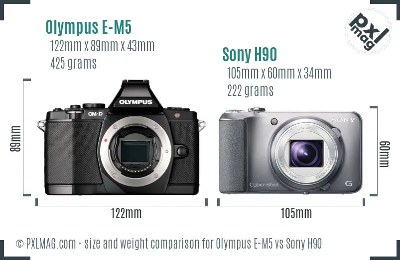 Olympus E-M5 vs Sony H90 size comparison