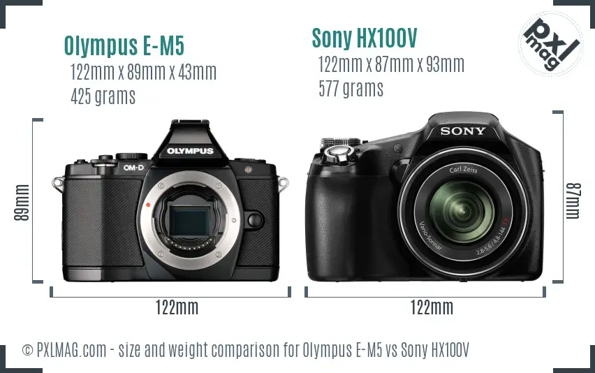 Olympus E-M5 vs Sony HX100V size comparison