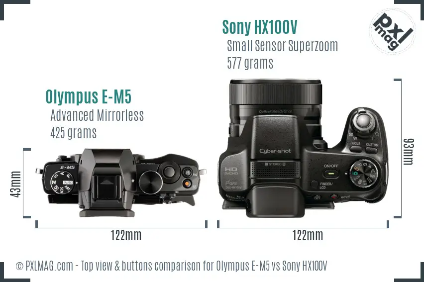 Olympus E-M5 vs Sony HX100V top view buttons comparison