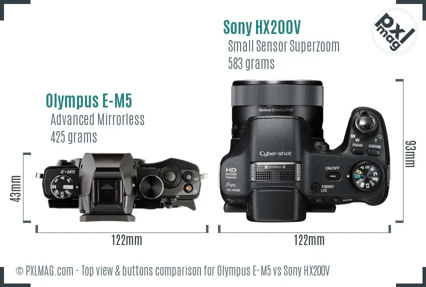Olympus E-M5 vs Sony HX200V top view buttons comparison