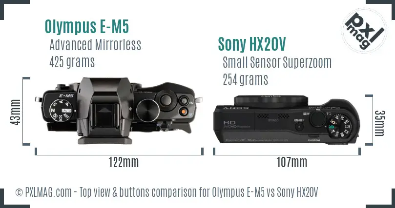 Olympus E-M5 vs Sony HX20V top view buttons comparison